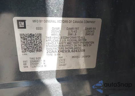 2020 Chevrolet Equinox Fwd Ls из США, поврежденный, VIN 2GNAXHEV3L6243209